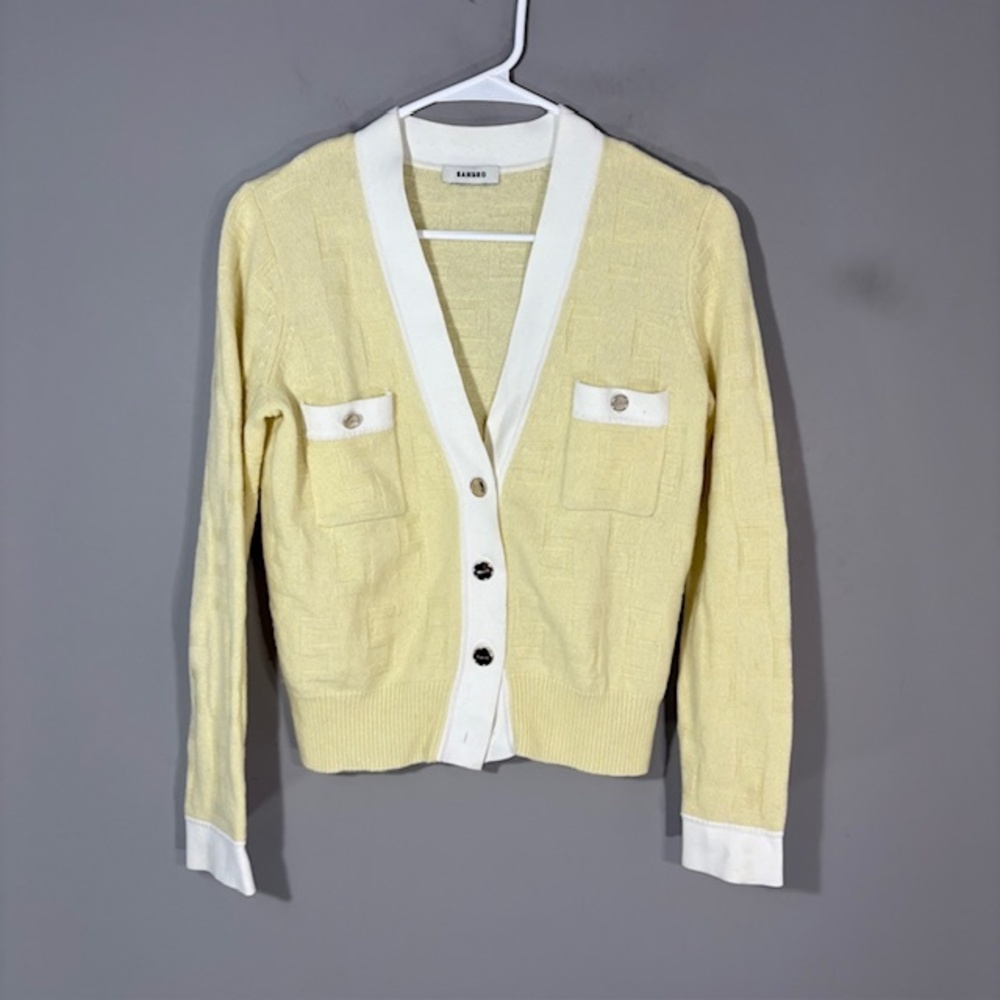 Sandro Cardigan Sweater Womens S Yellow White Trim V Neck Wool Cashmere Pockets